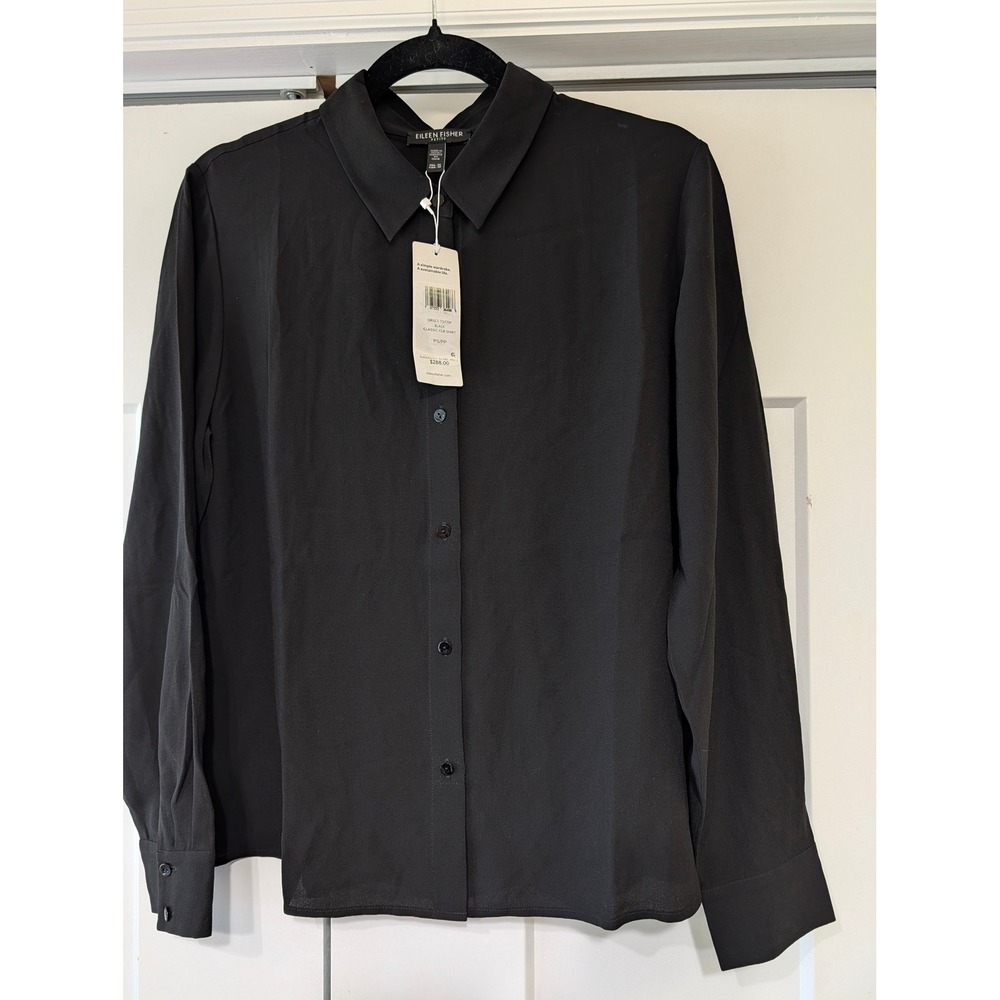 Eileen Fisher Petite Silk Georgette Crepe Classic Shirt Black PS QRGC1-T5775P
